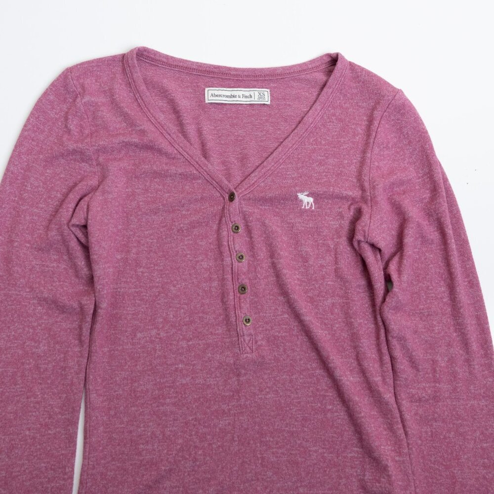 Abercrombie & Fitch Long Sleeve Henley Pink Y2K Embroidered Logo XS - Picture 4 of 11